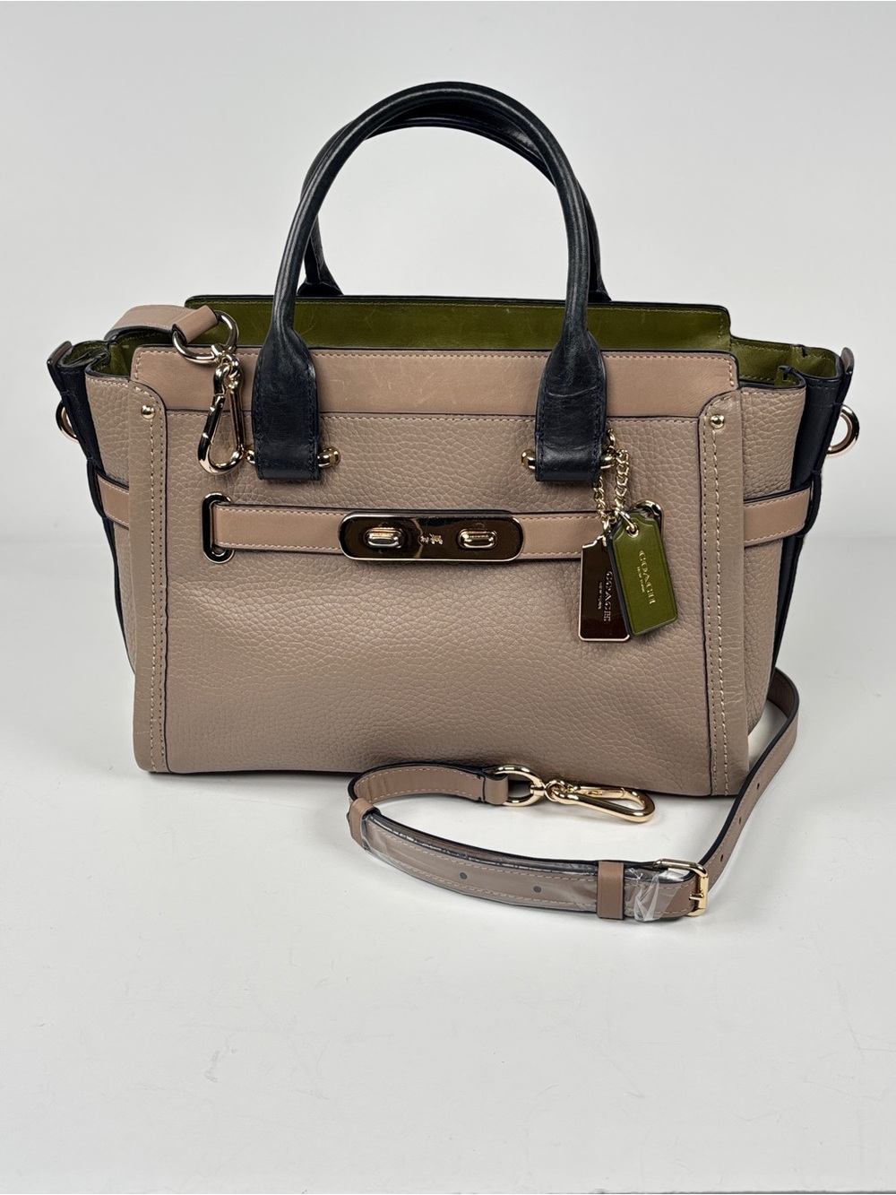 Coach swagger 27Leather Satchel in Taupe with Black Handles and Olive Interior